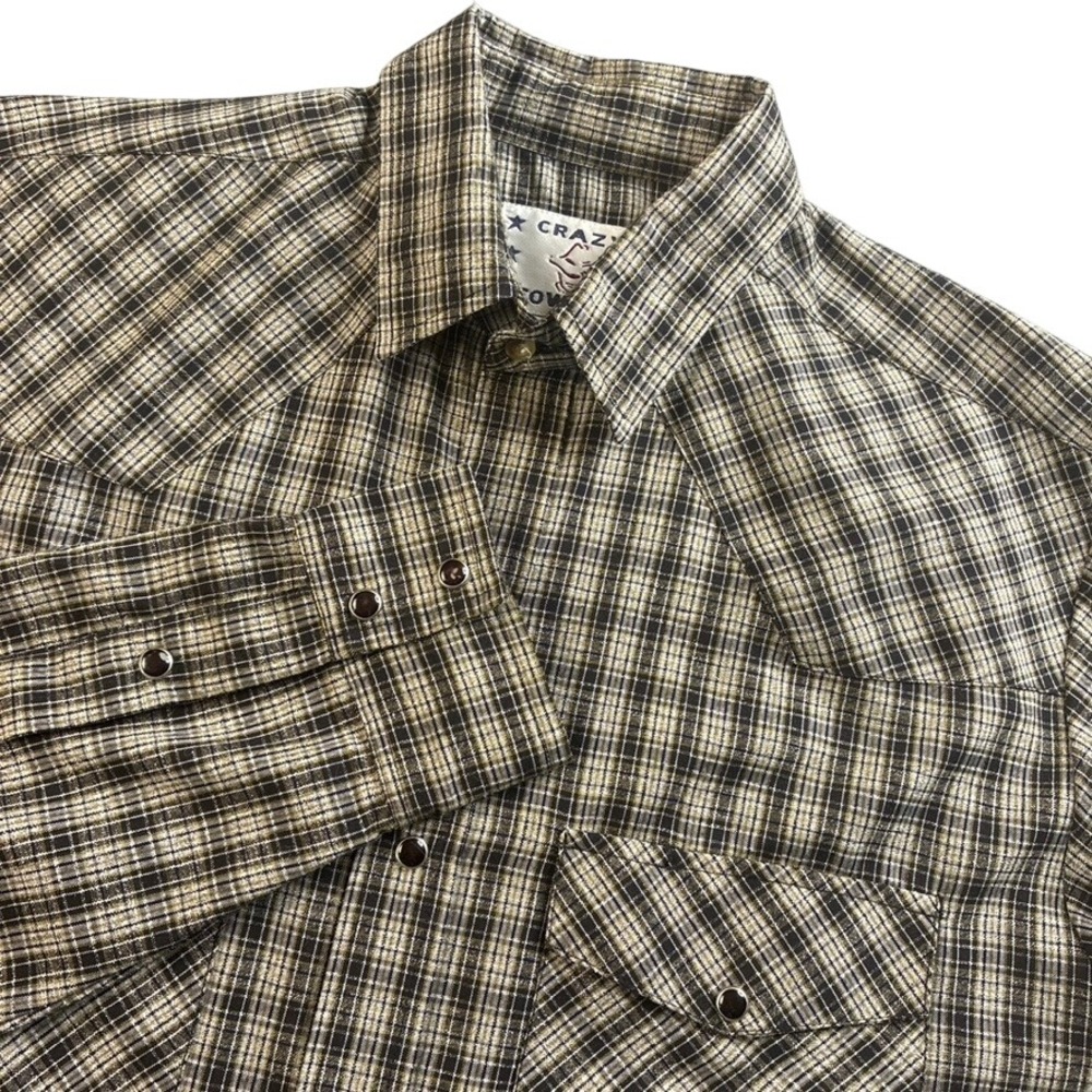 Vtg Crazy Cowboy Men Large Western Plaid Snap Front Shirt Black Tan‎ Long Sleeve
